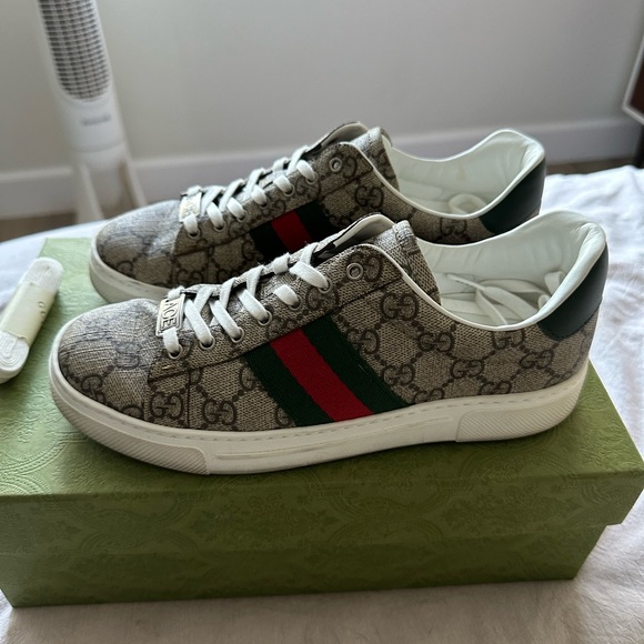 Gucci Brown and Green Sneakers with Signature Web Stripe - Picture 9 of 13
